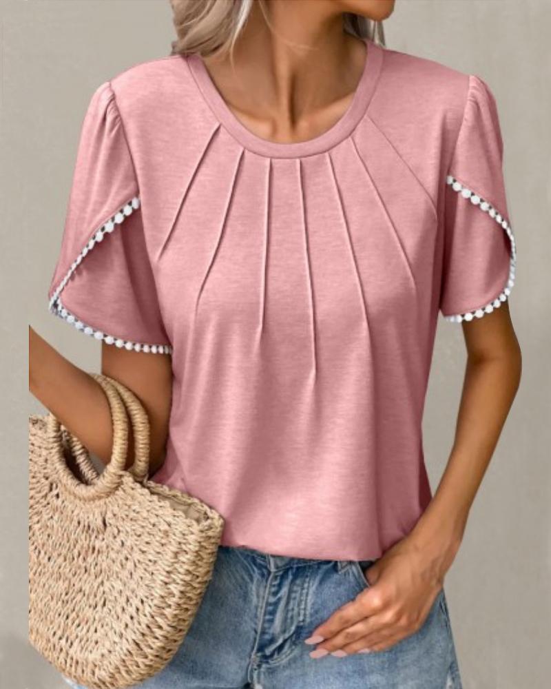 

Pom Pom Ruched Round Neck Top, Pink