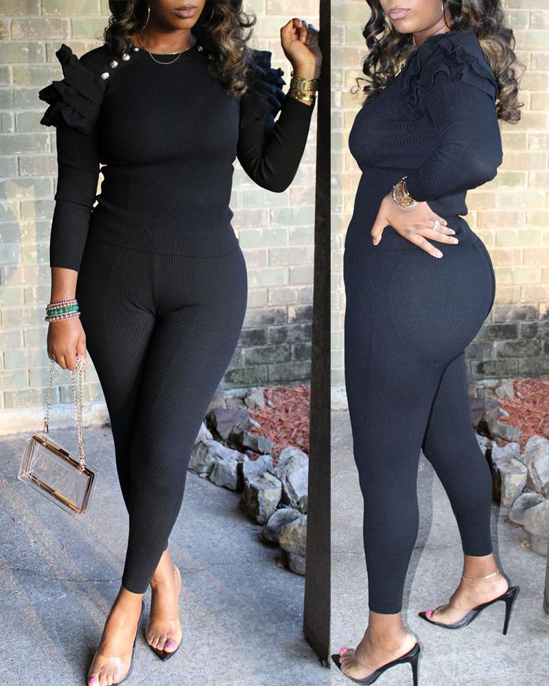 

Plain Ruffles Hem Long Sleeve Top & Pants Set, Black
