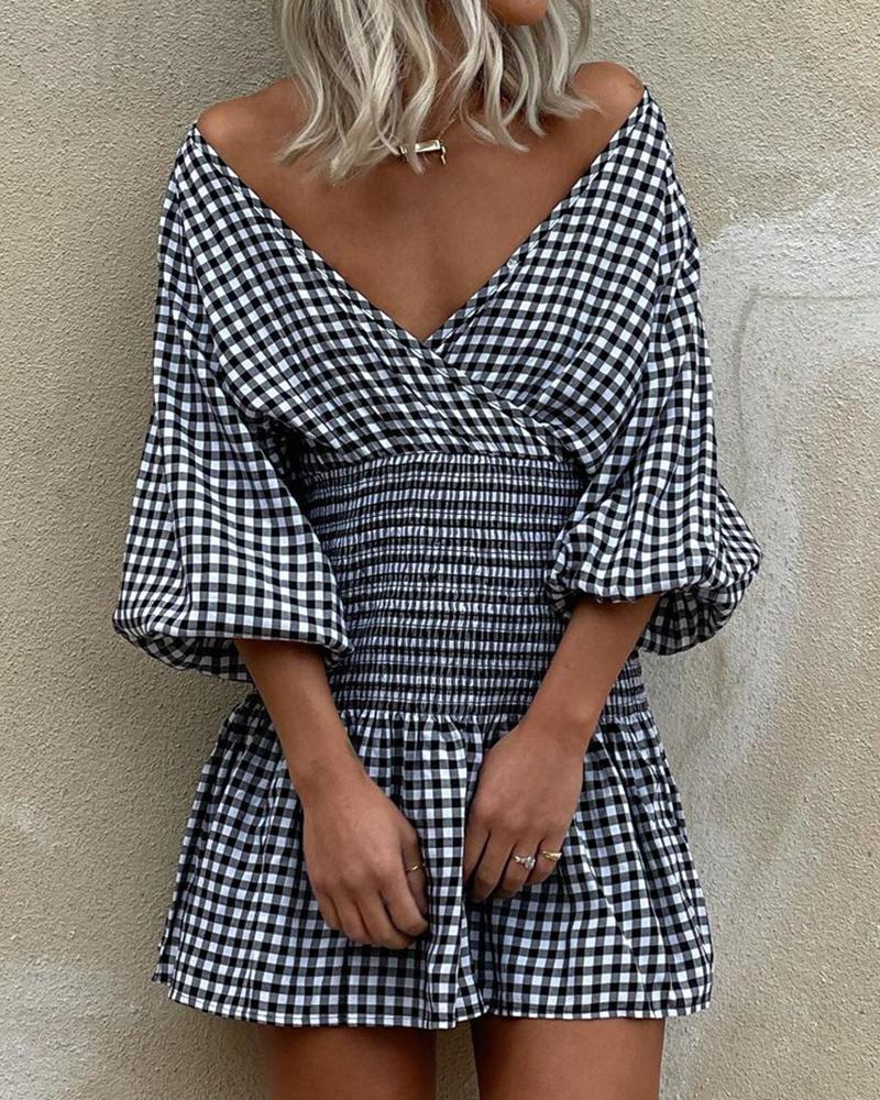 

Plaid Lantern Sleeve Shirring Detail Casual Dress, Black