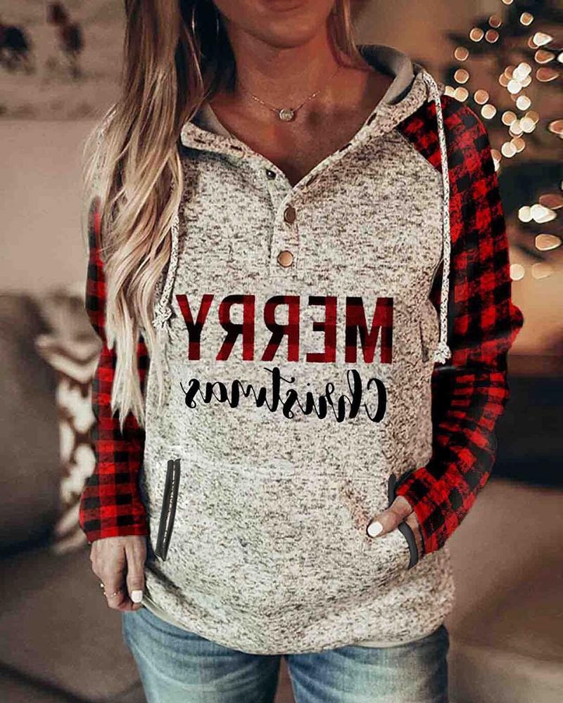 

Christmas Letter Plaid Print Pocket Design Hoodie, Style1