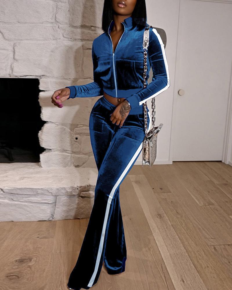

Contrast Paneled Crop Top & Bootcut Pants Set, Dark blue