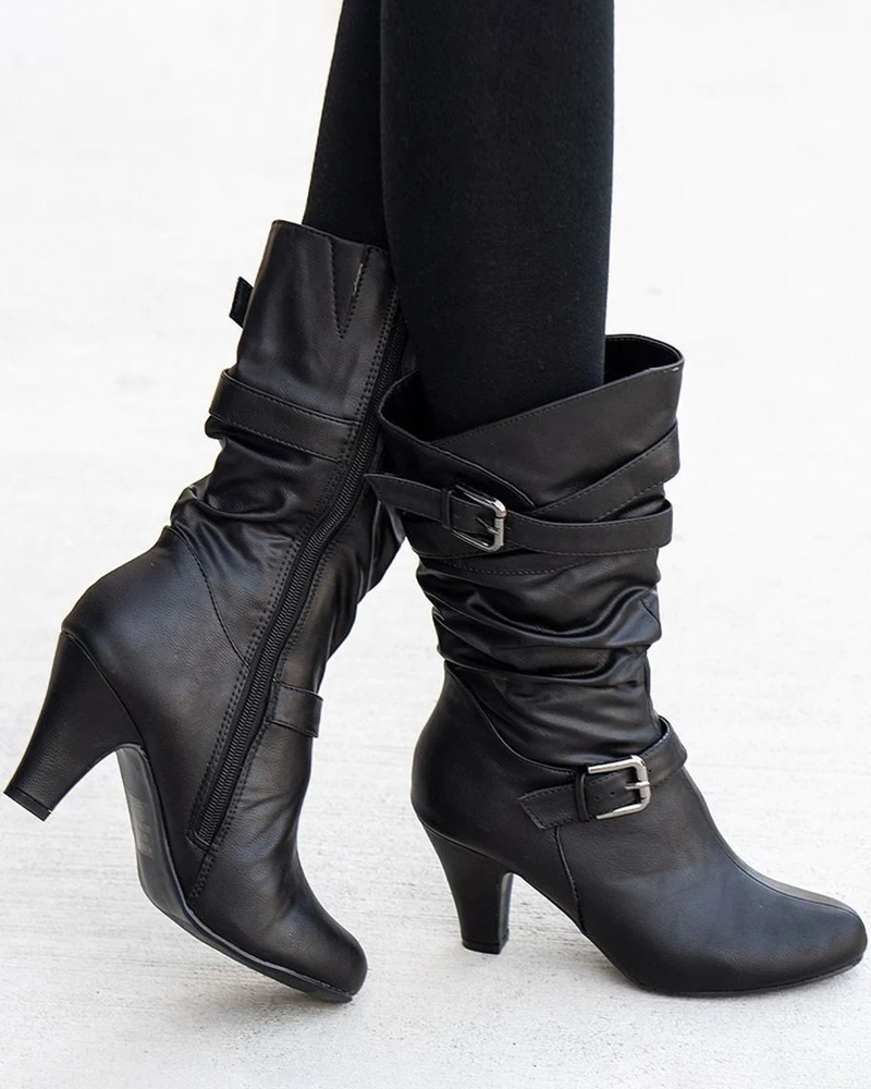 

Buckled Ruched Cowboy Boots, Black