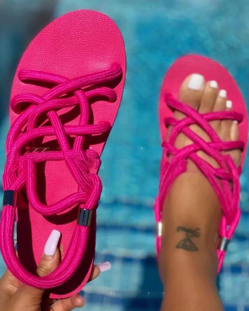 

Round-toe Solid Color Cross Strap Flat Sandals, Hot pink
