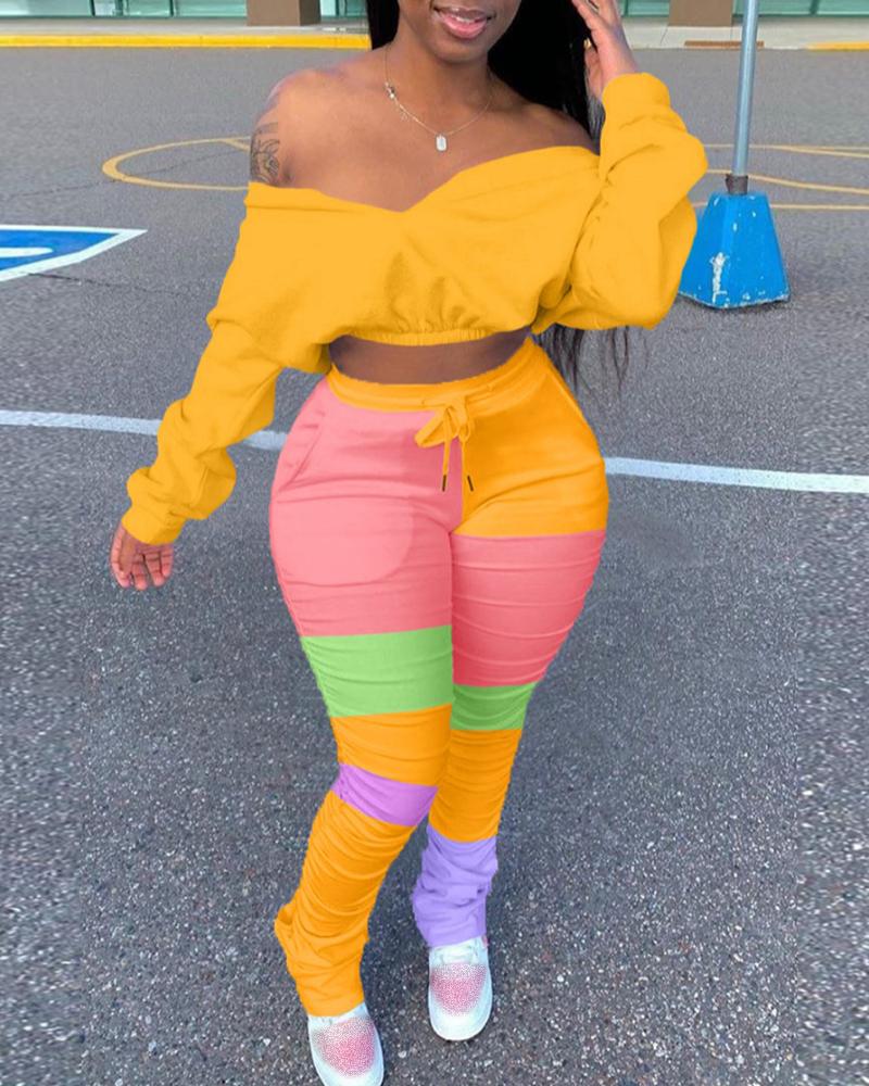 

Batwing Sleeve Crop Top & Colorblock Drawstring Pants Set, Yellow