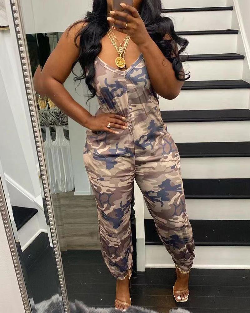 

Camouflage Print Sleeveless V-Neck Jumpsuit, Camoflage