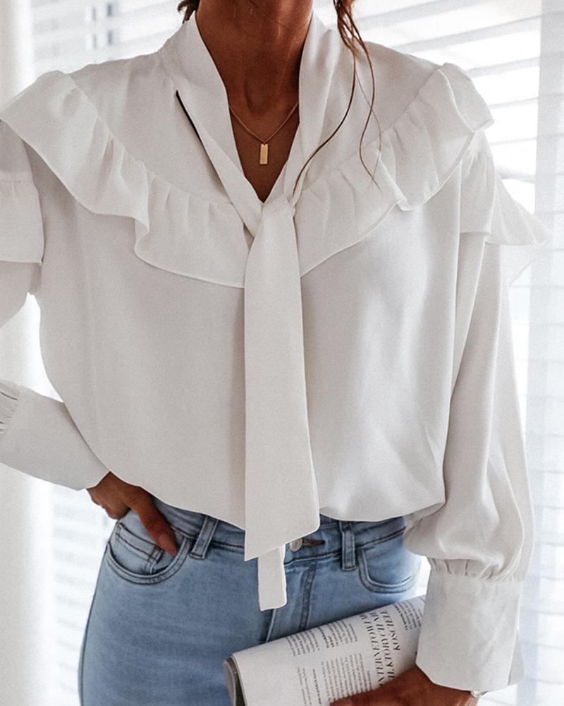 

Ruffles Trim Tie Decor Long Sleeve Top, White