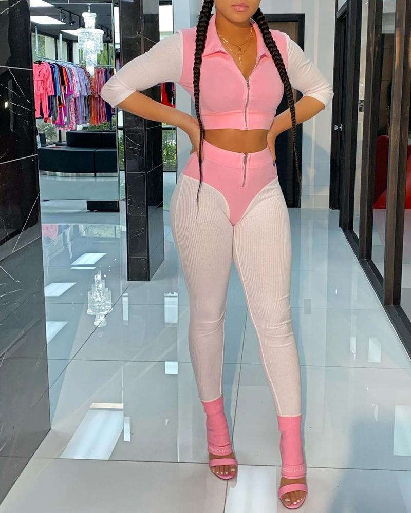 

Color Block Stitching Long Sleeve Suit Sets, Pink