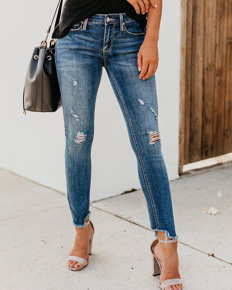 

Fringes Hem Distressed Jeans, Blue