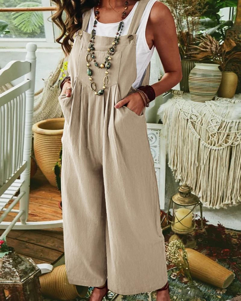 

Pocket Design Wide Leg Suspender Jumpsuit, Khaki