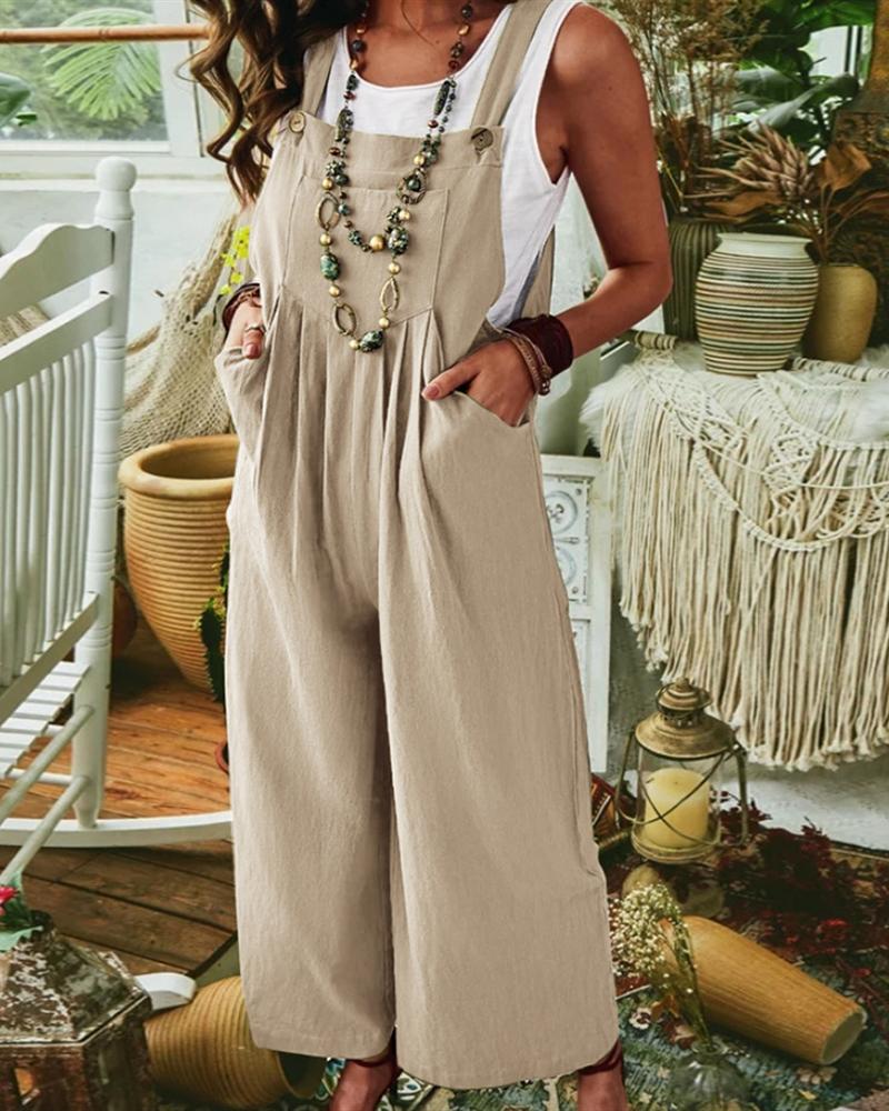 

Pocket Design Wide Leg Suspender Jumpsuit, Khaki