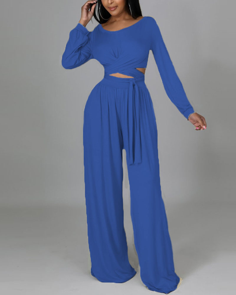 

Long Sleeve Cross Tie Crop Top & Wide Leg Pants Set, Blue
