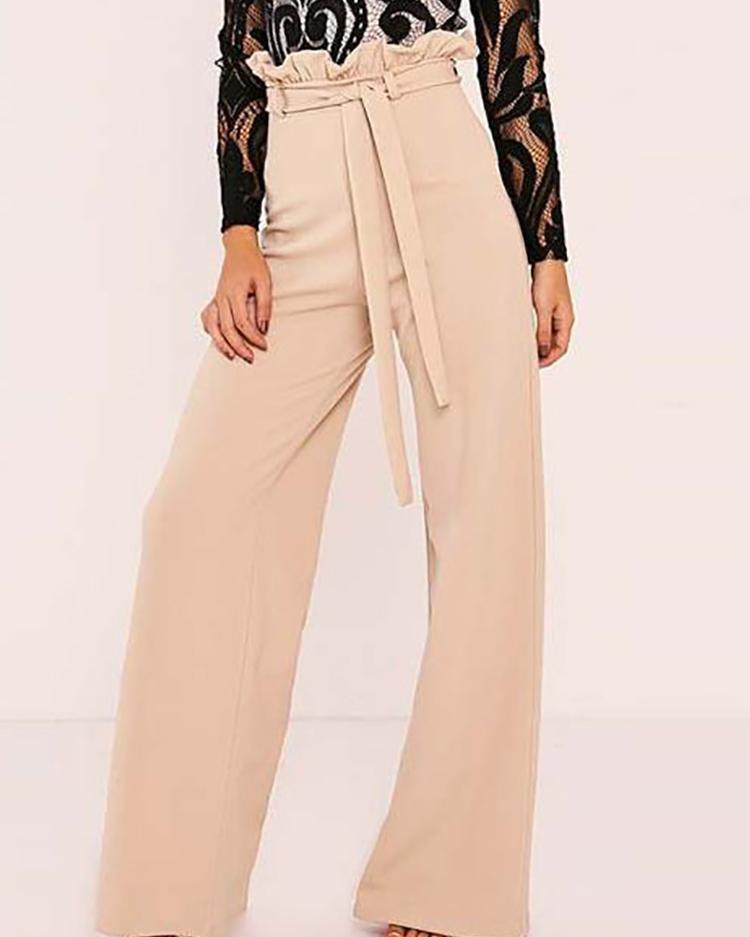 

Stylish Plain Belted Wide Leg Pants, Beige