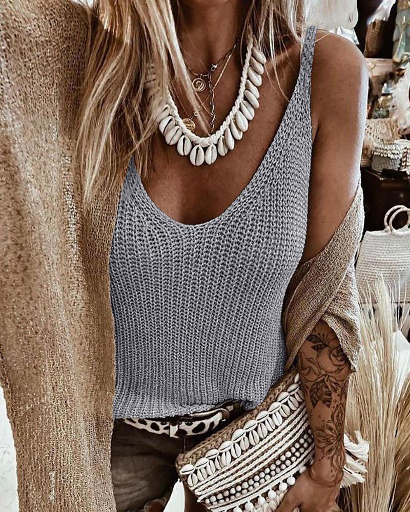

U Neck Thick Strap Knit Basic Top, Gray