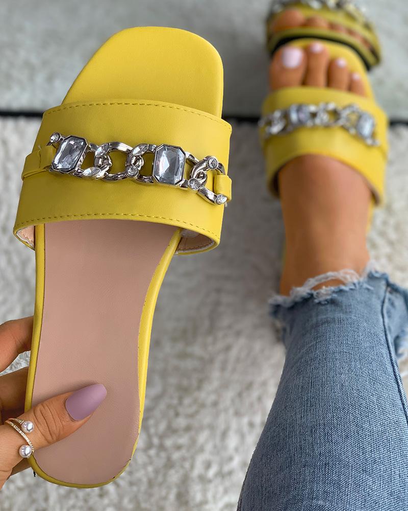 

Square Toe Rhinestone Chain Strap Slippers, Yellow