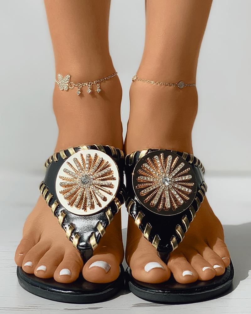 

Rhinestone Floral Pattern Toe Post Slippers, Black