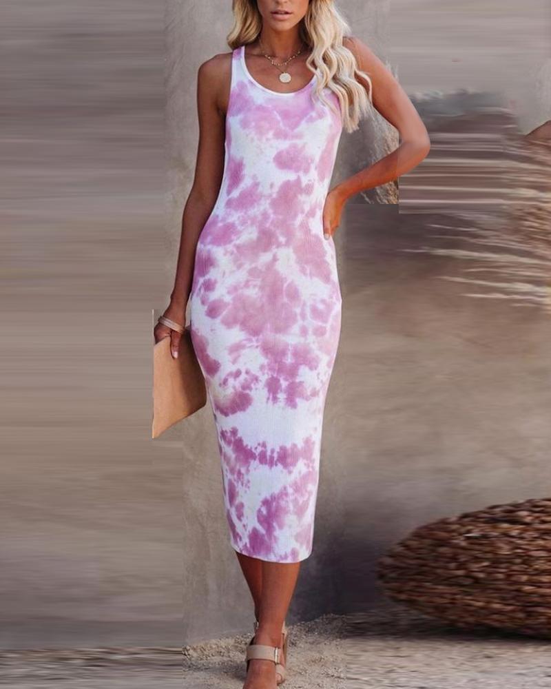 

Tie Dye Print U-Neck Casual Tank Dress, Pink