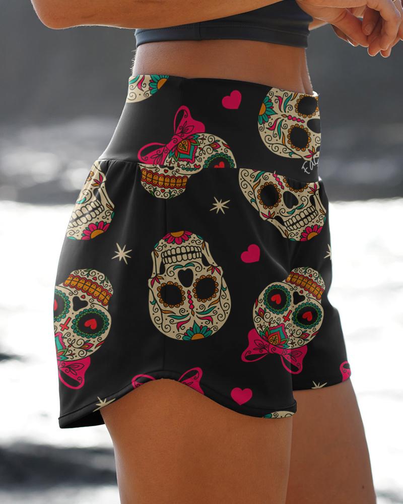 

Skull Print High Waist Skinny Active Shorts, Black