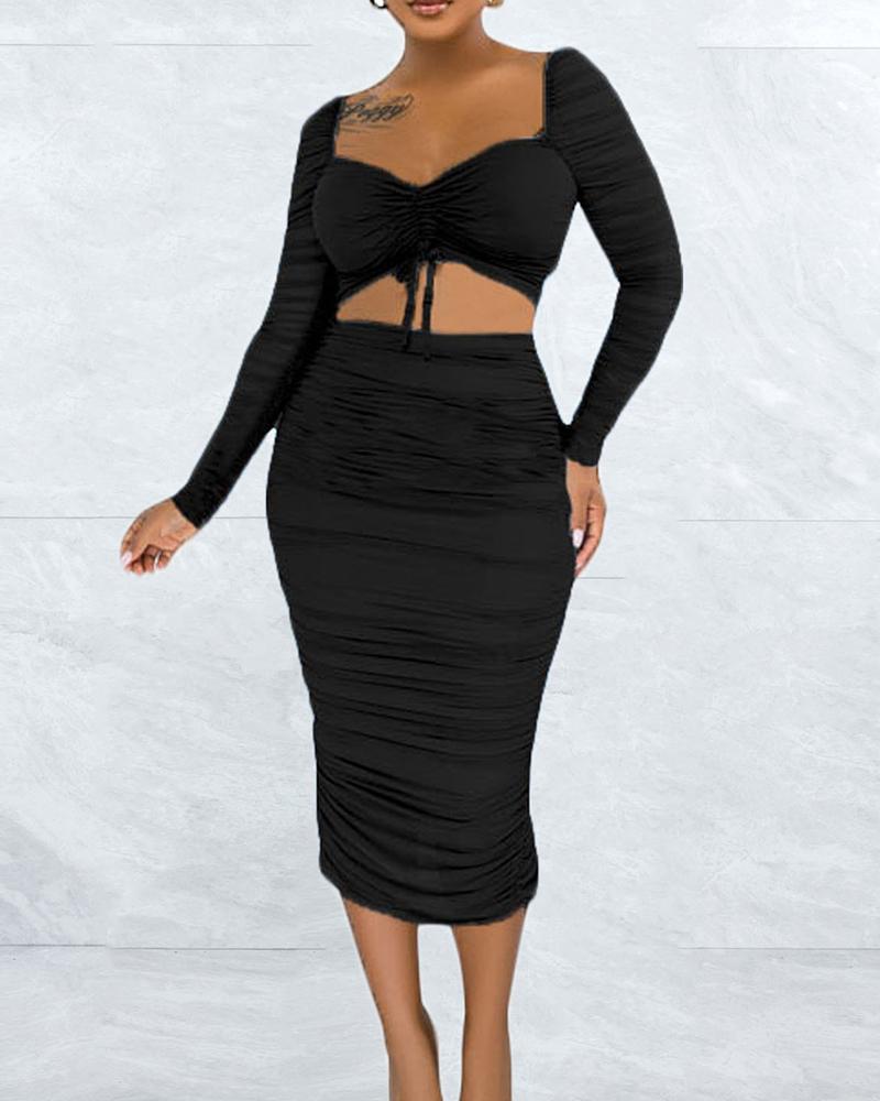 

Contrast Mesh Drawstring Ruched Crop Top & Skirt Set, Black