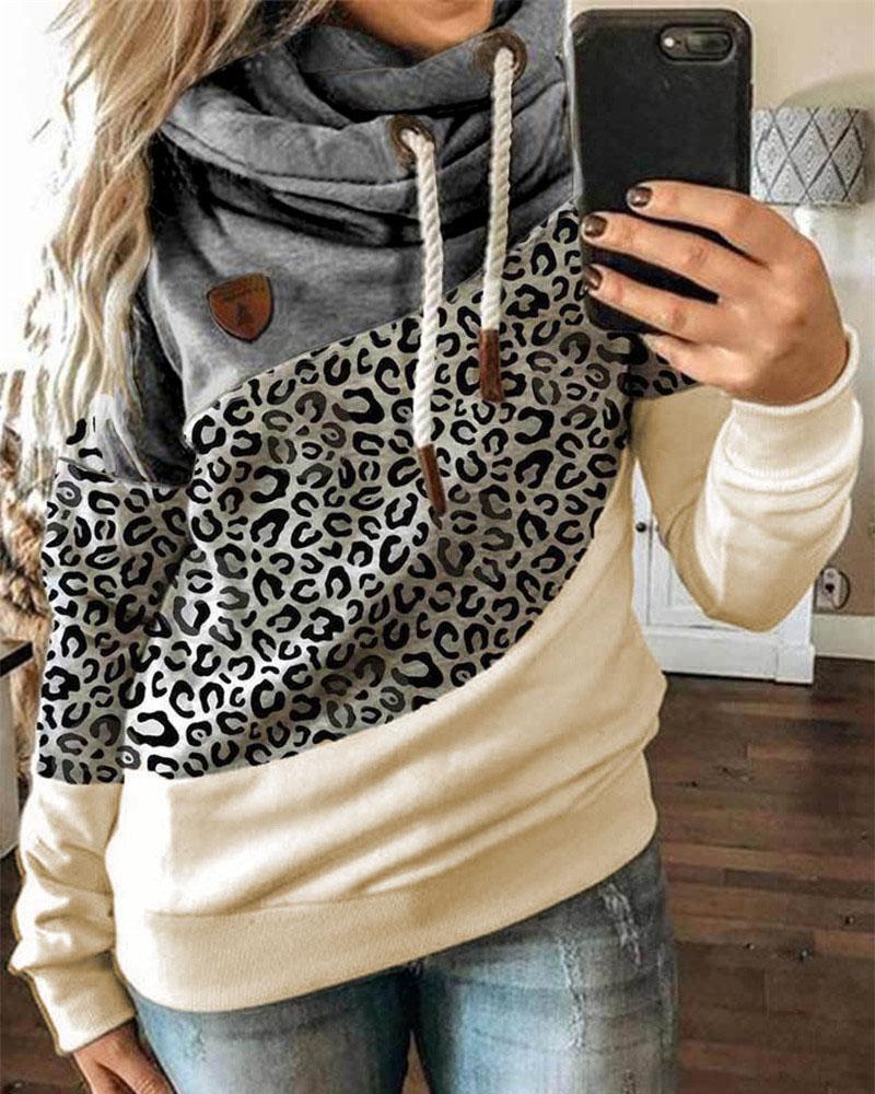 

Leopard Print Colorblock Lantern Sleeve Hooded Top, Gray