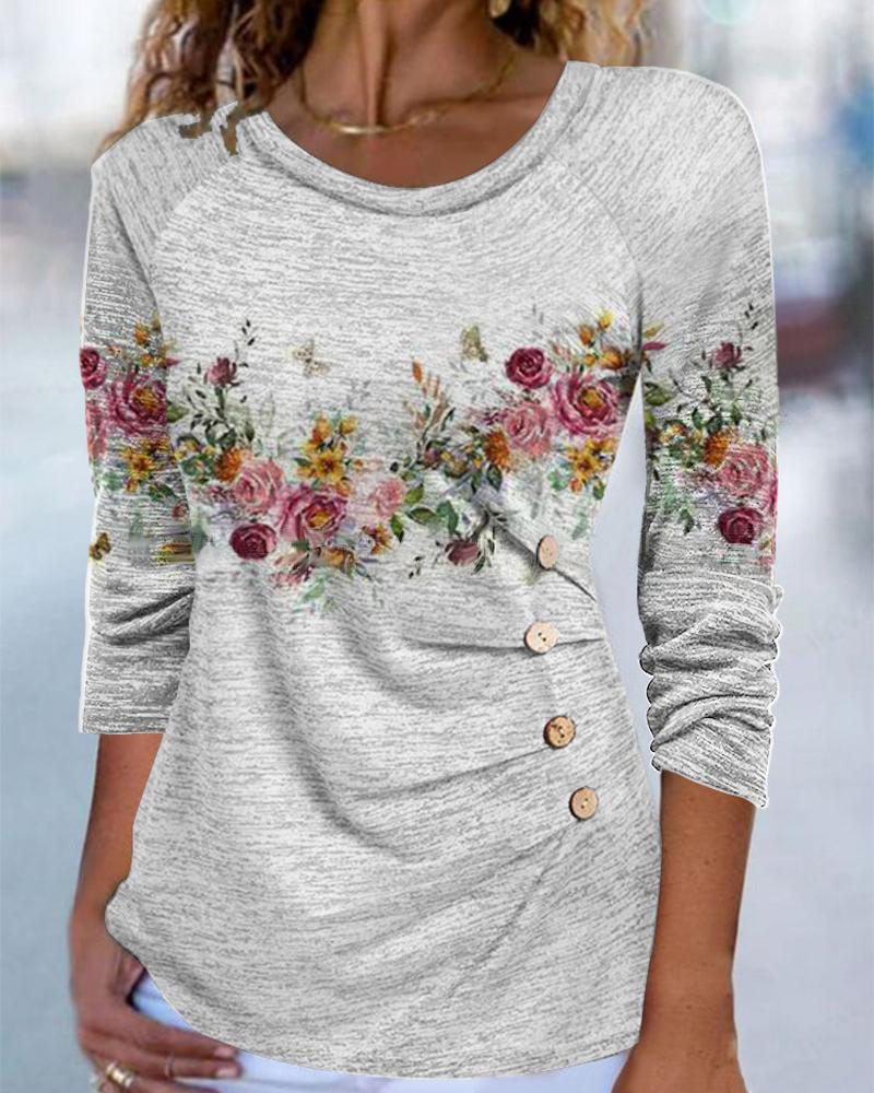 

Floral Print Long Sleeve Buttoned Ruched Top, Gray