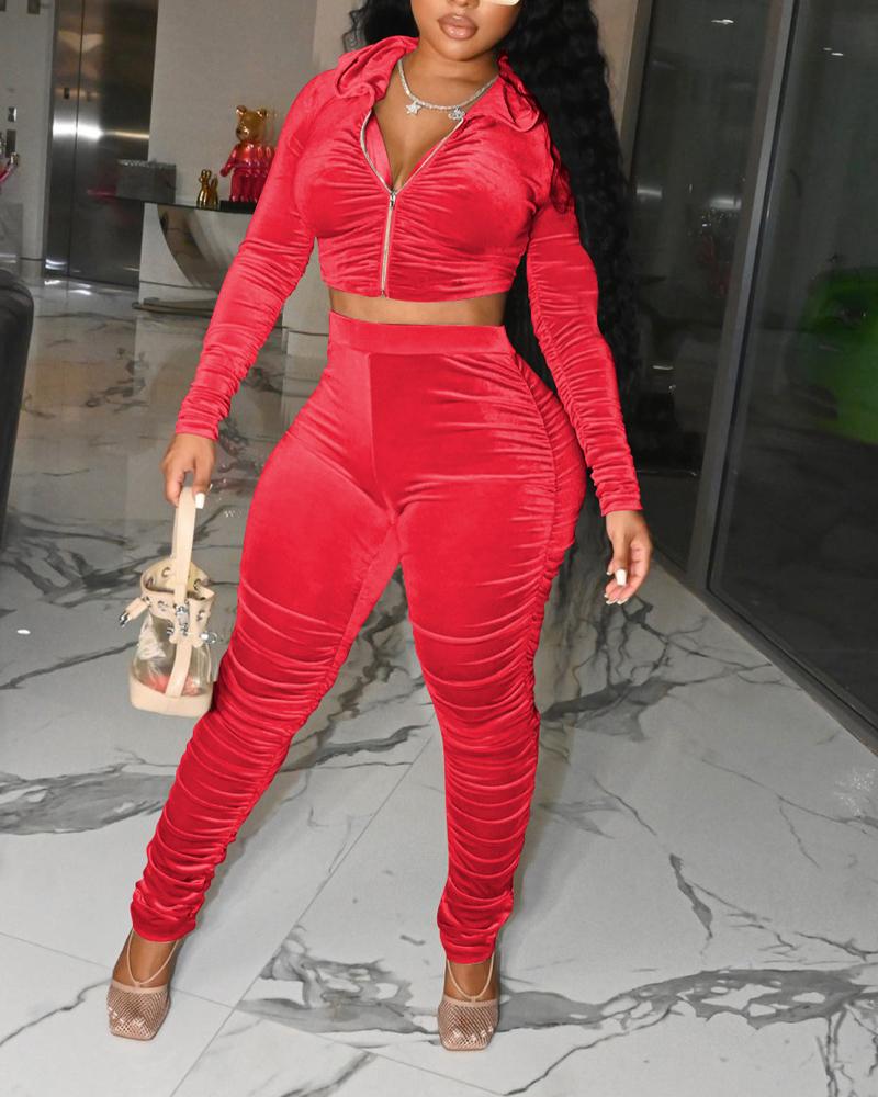 

Velvet Ruched Hooded Zip Up Crop Top & High Waist Pants Set, Red