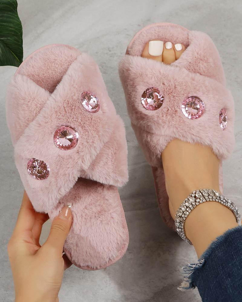 

Cross Strap Crystal Gem Stone Fuzzy Slippers, Pink