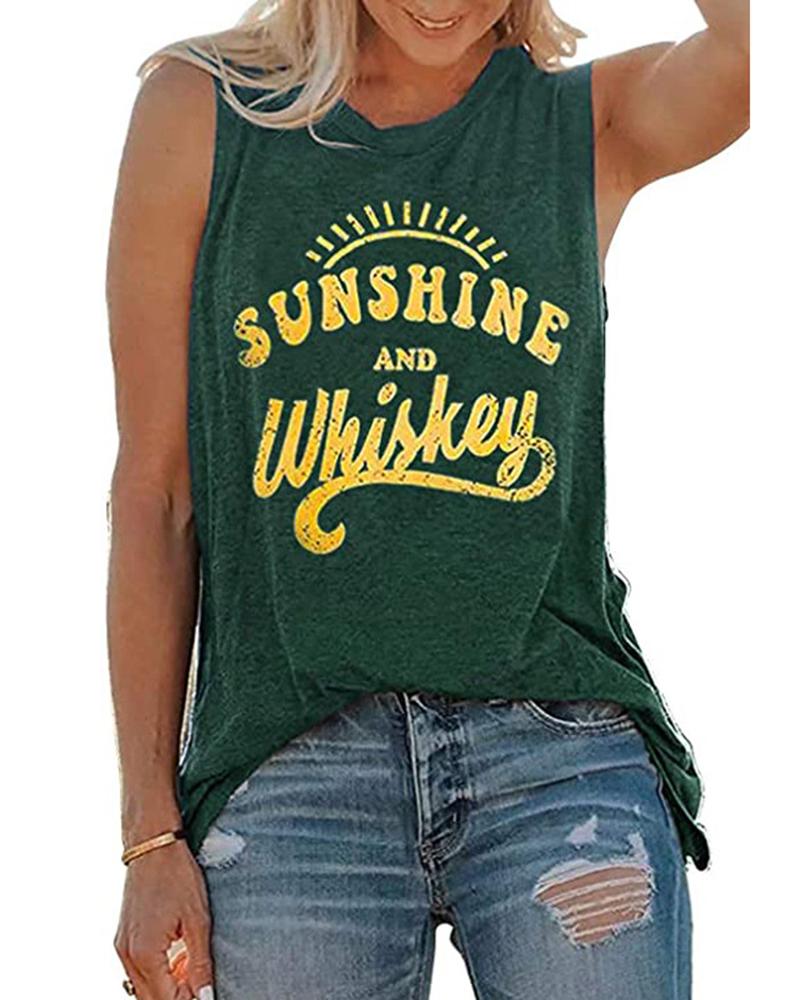

Women' Casual Tee Retro Letter Print Sleeveless Tank Top, Green