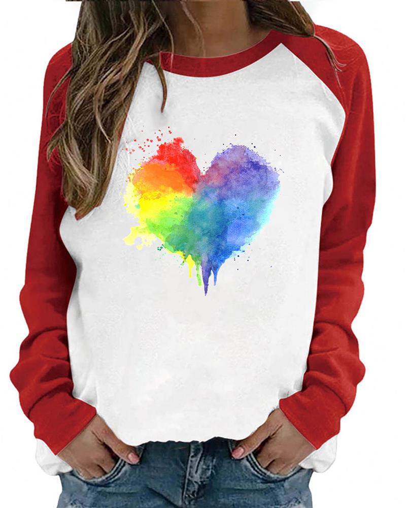 

Valentine' Day O-Neck Colorblock Ink Splash Heart Print Top, Red