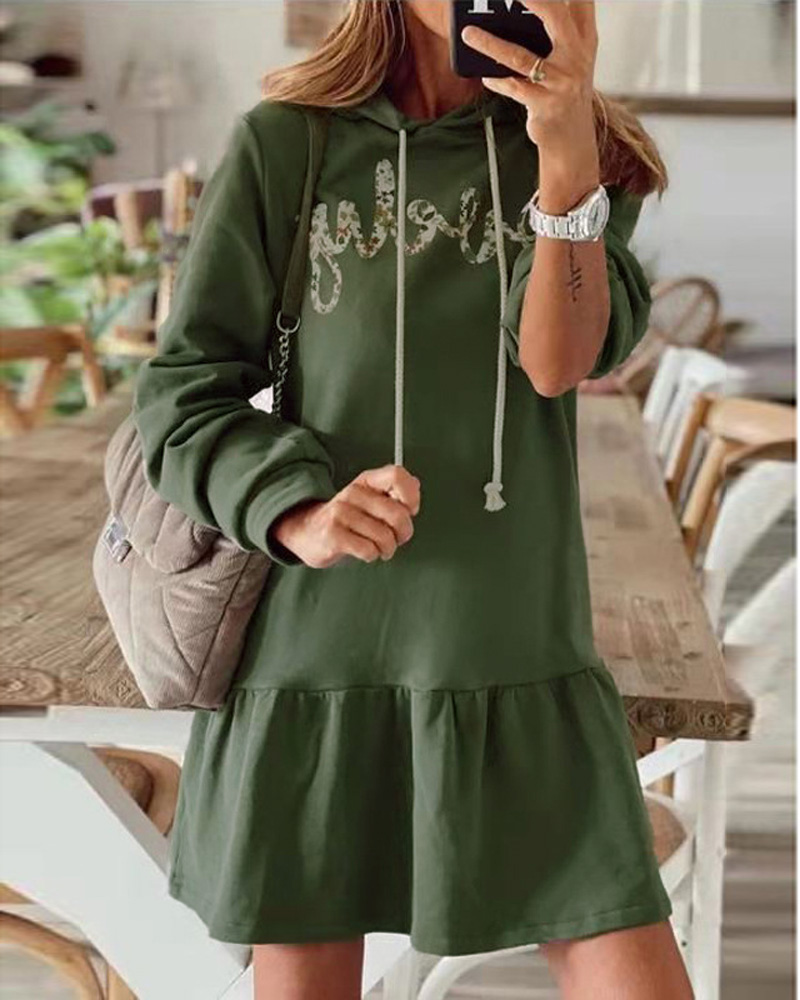 

Letter Print Long Sleeve Drawstring Hooded Sweatshirt Dress, Green