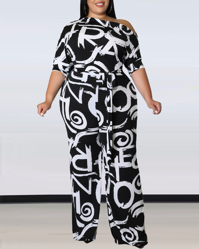 

Plus Size Letter Print Belted Jumpsuit, Blackwhite