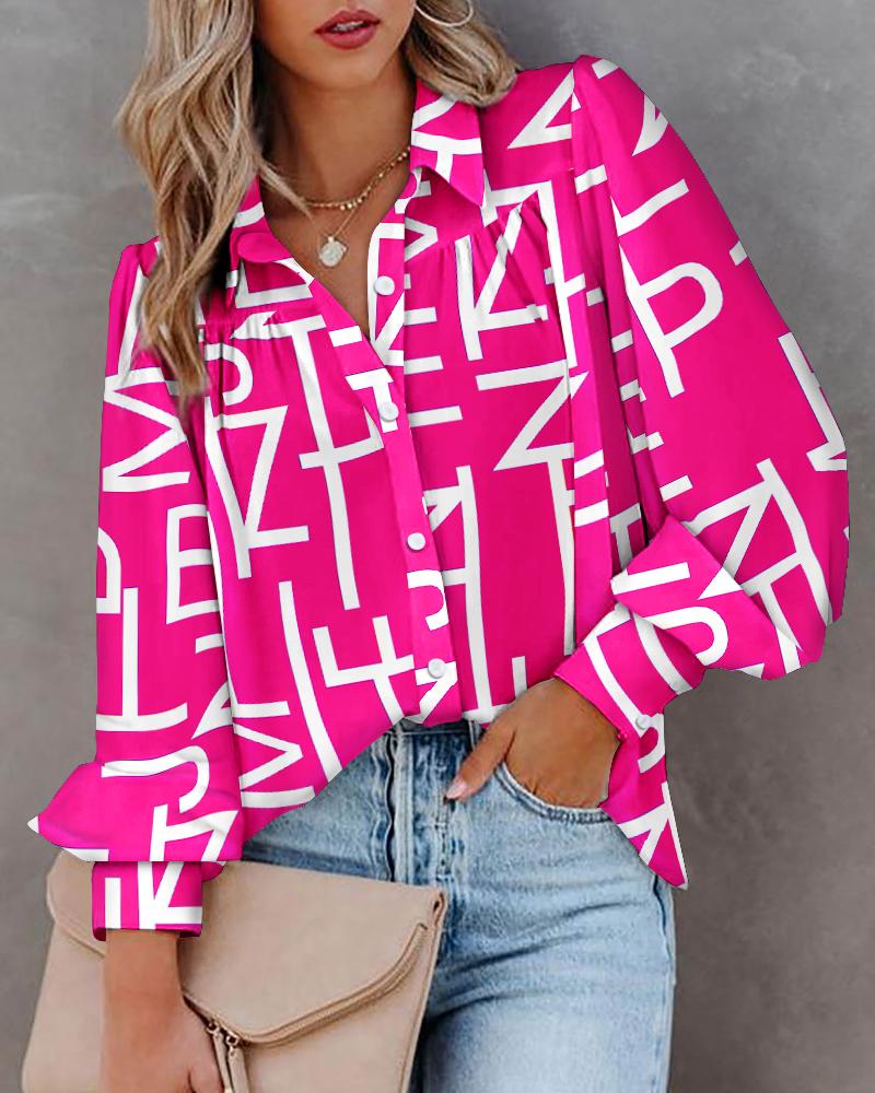 

Letter Print Lantern Sleeve Ruched Shirt, Hot pink