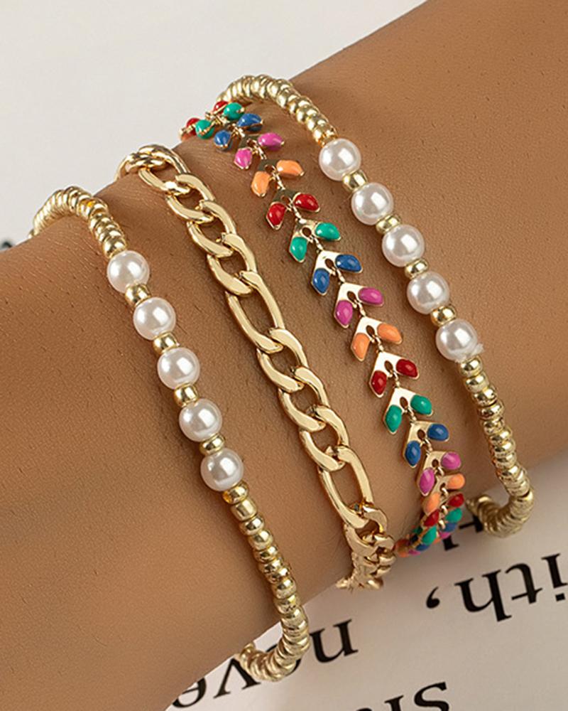 

4PCS Herringbone Pearls Decor Chain Bracelets Set, Multicolor