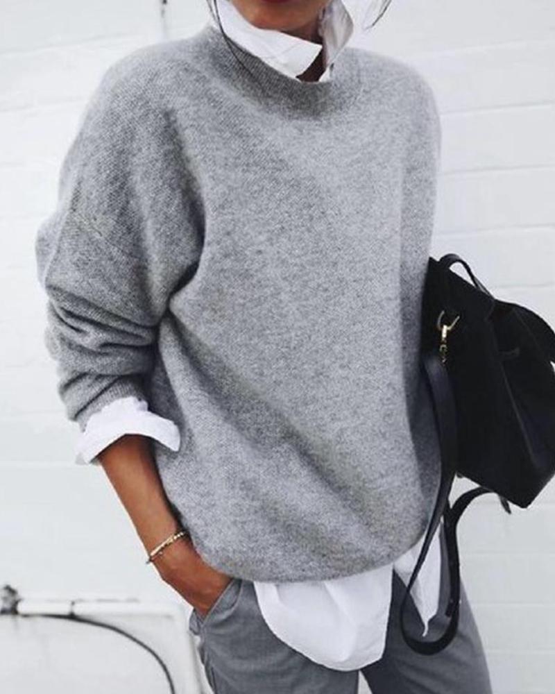 

Oversized Round Neck Knitted Pullover, Gray