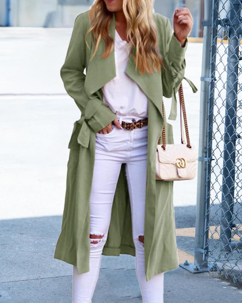 

Plain Waterfall Neck Belted Longline Coat, Green