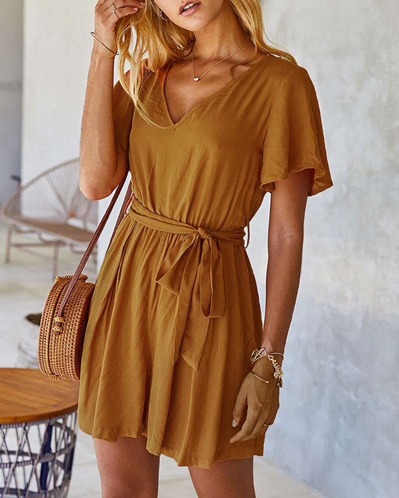 

Solid V-neck Elastic Waist Casual Romper, Orange