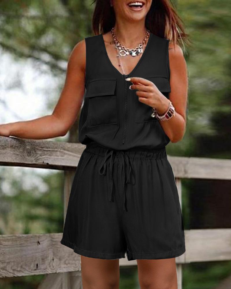 

Pocket Decor Drawstring Sleeveless Romper, Black