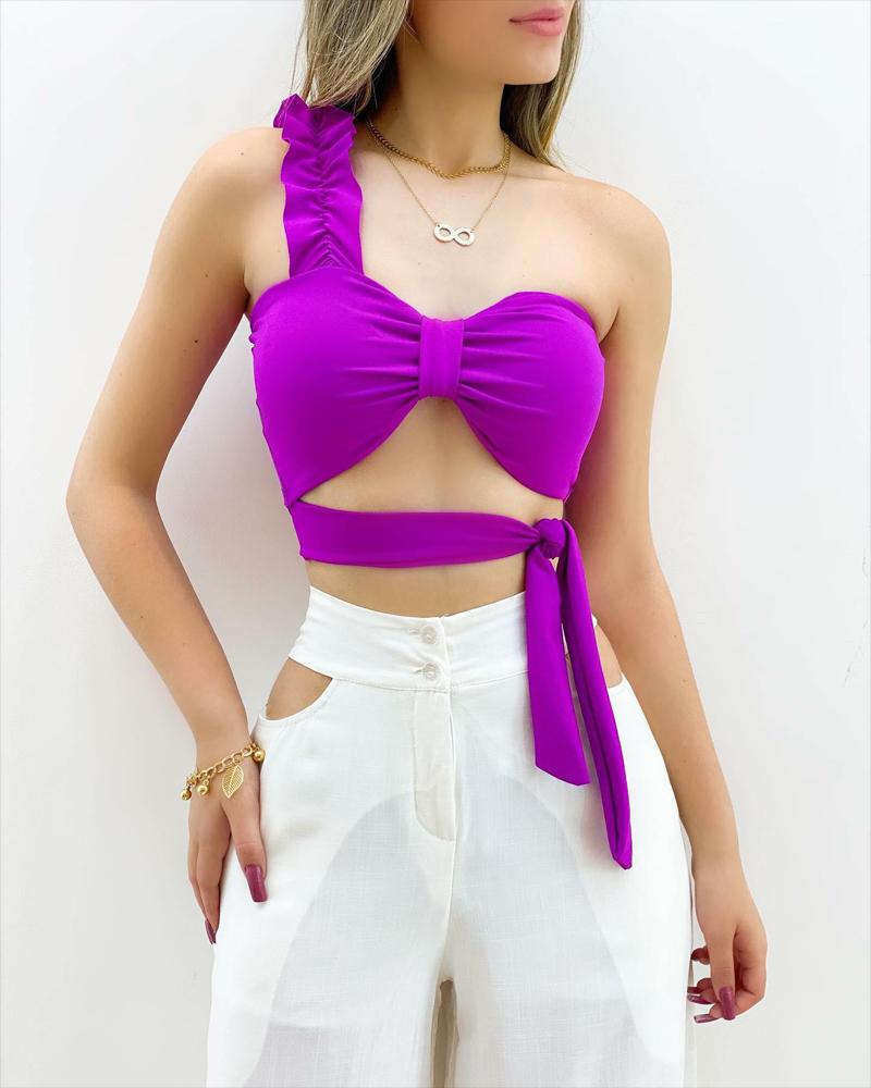 

One Shoulder Cutout Tied Detail Crop Top, Purple