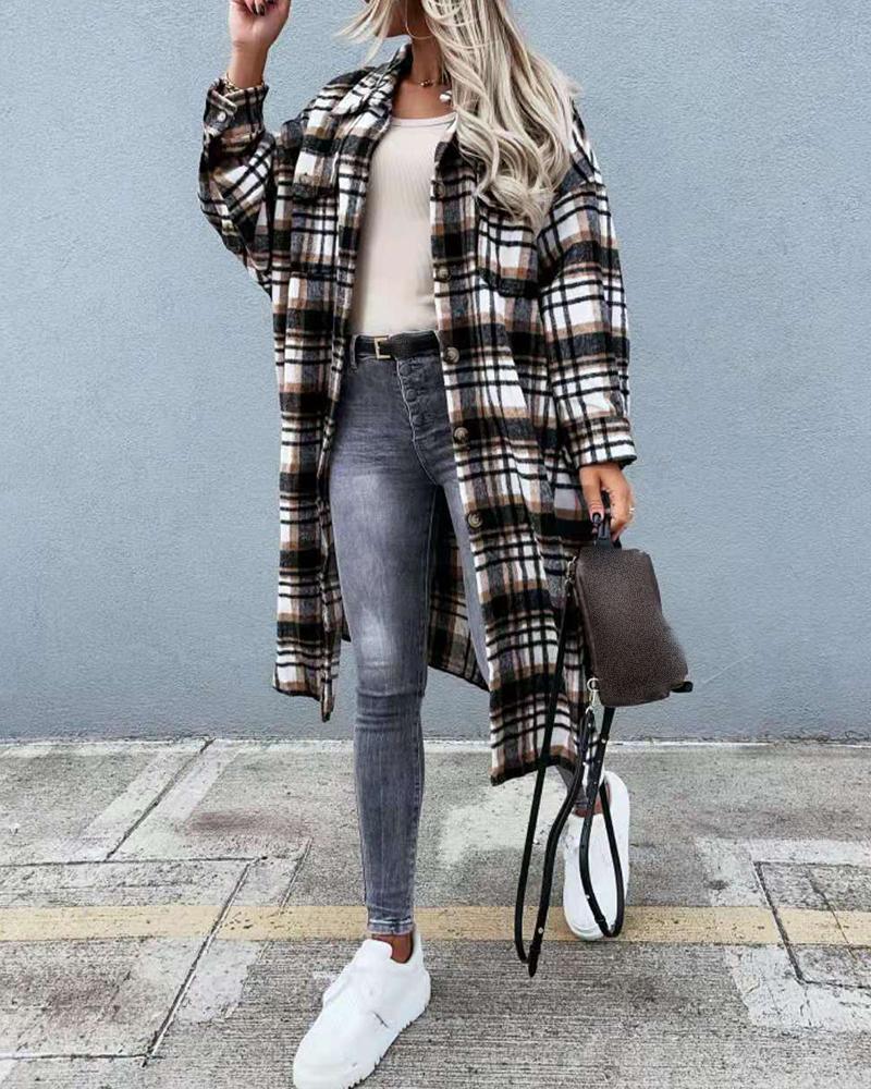 

Plaid Print Button Front Longline Shacket, Coffee