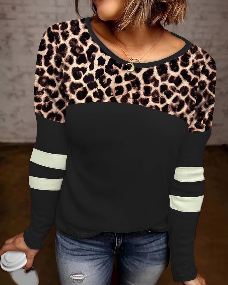 

Leopard Print Striped Colorblock Casual Top, Black