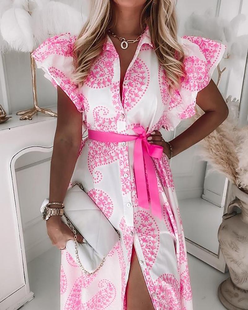 

Paisley Print Flutter Sleeve Belted Shirt Dress, Pink