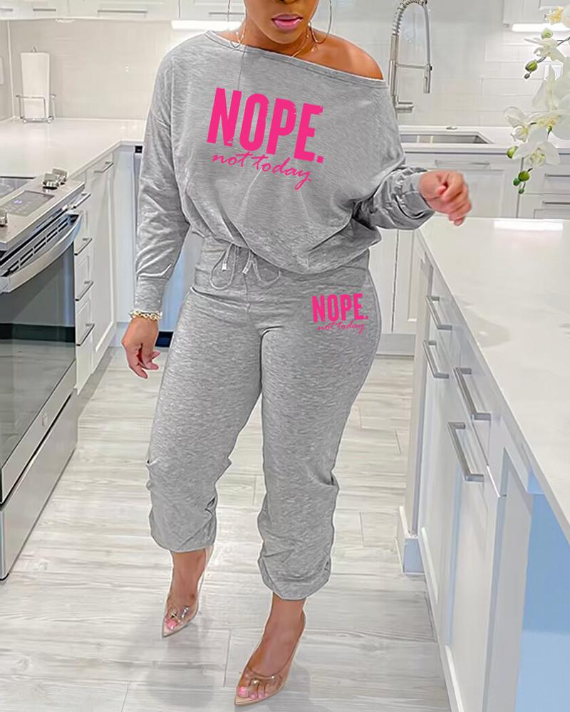 

Nope Not Today Print Skew Neck Top & Drawstring Cuffed Pants Set, Gray