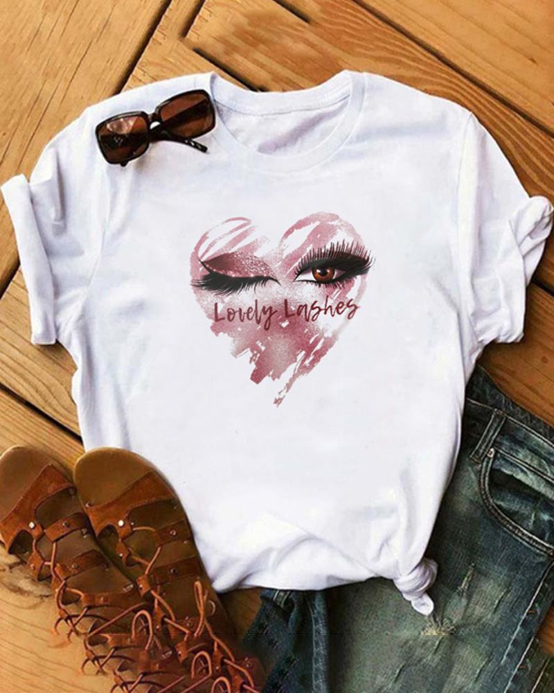 

Figure Heart Print Short Sleeve Casual T-Shirt, White