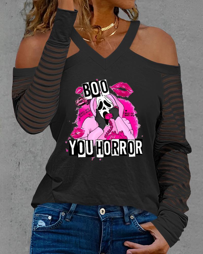 

Halloween Boo You Horror Lip Graphic Print Cold Shoulder Top, Black