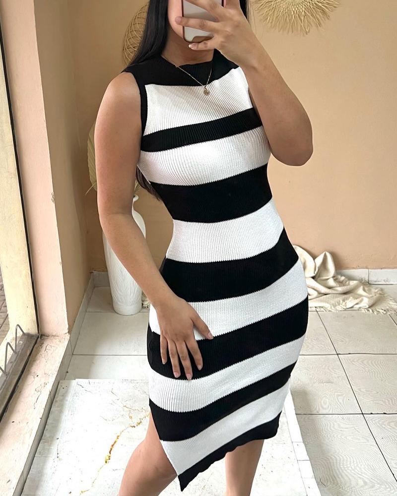 

Striped Colorblock Slit Bodycon Dress, Black