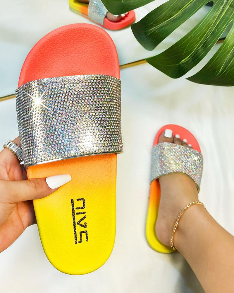 

Round-toe Splicing Rhinestone Platform Slippers, Multicolor