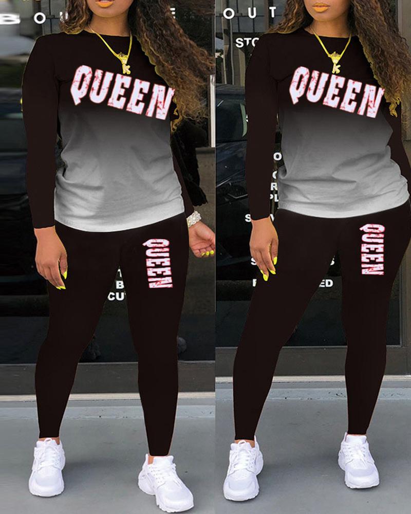 

Letter Print Ombre Colorblock Long Sleeve Top & Pants Set, Black