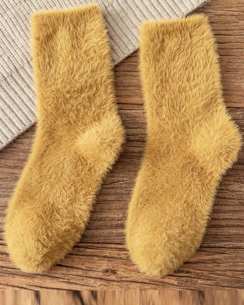 

1Pair Lined Pastel Fuzzy Thermal Socks, Yellow