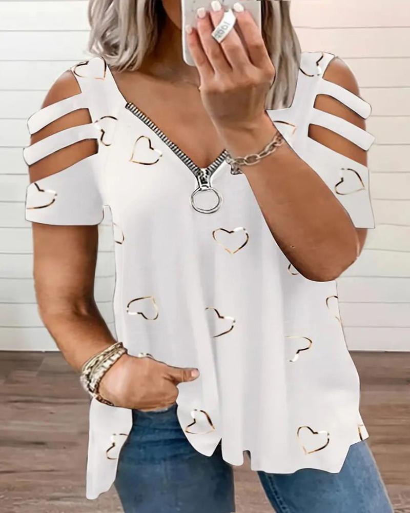 

Plus Size Heart Print Ladder Cutout Zipper Design T-Shirt, White