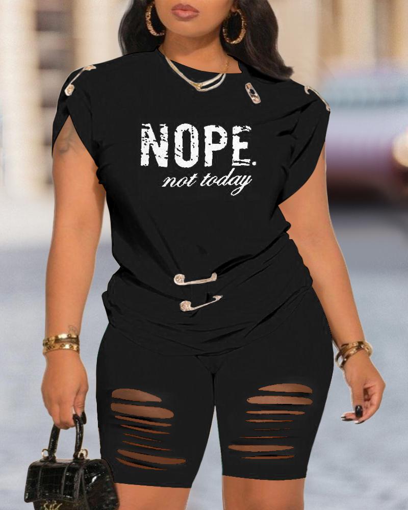 

Nope Not Today Print Short Sleeve Top & Shorts Set, Black