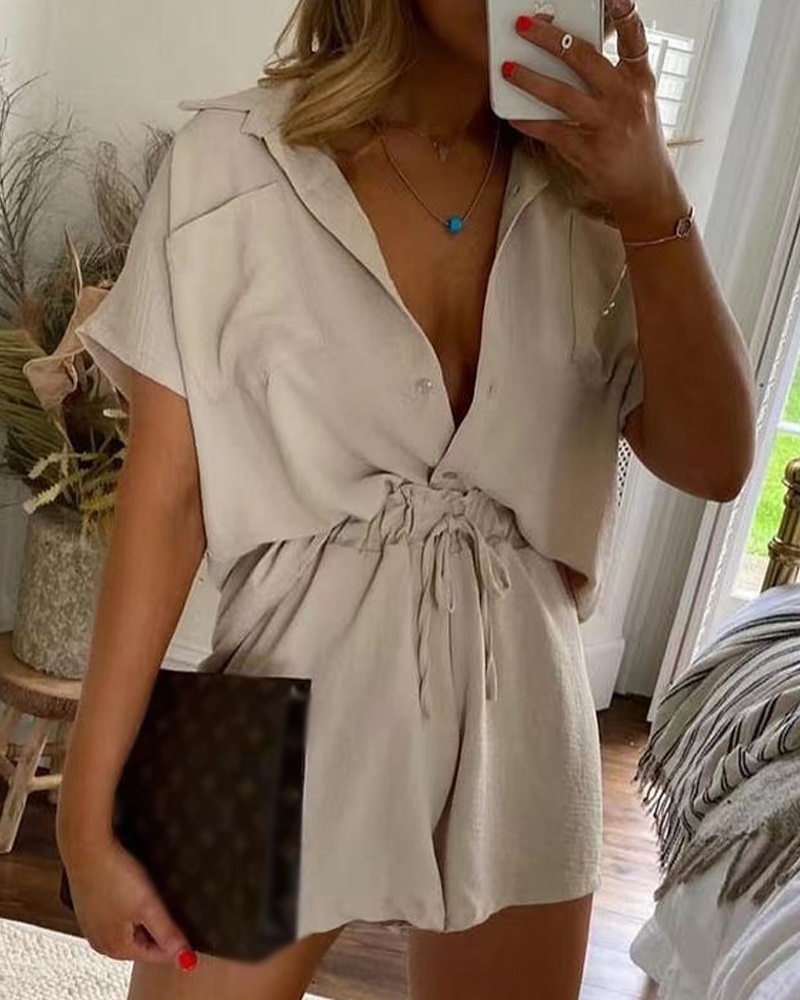 

Buttoned Short Sleeve Shirt & Drawstring Shorts, Apricot